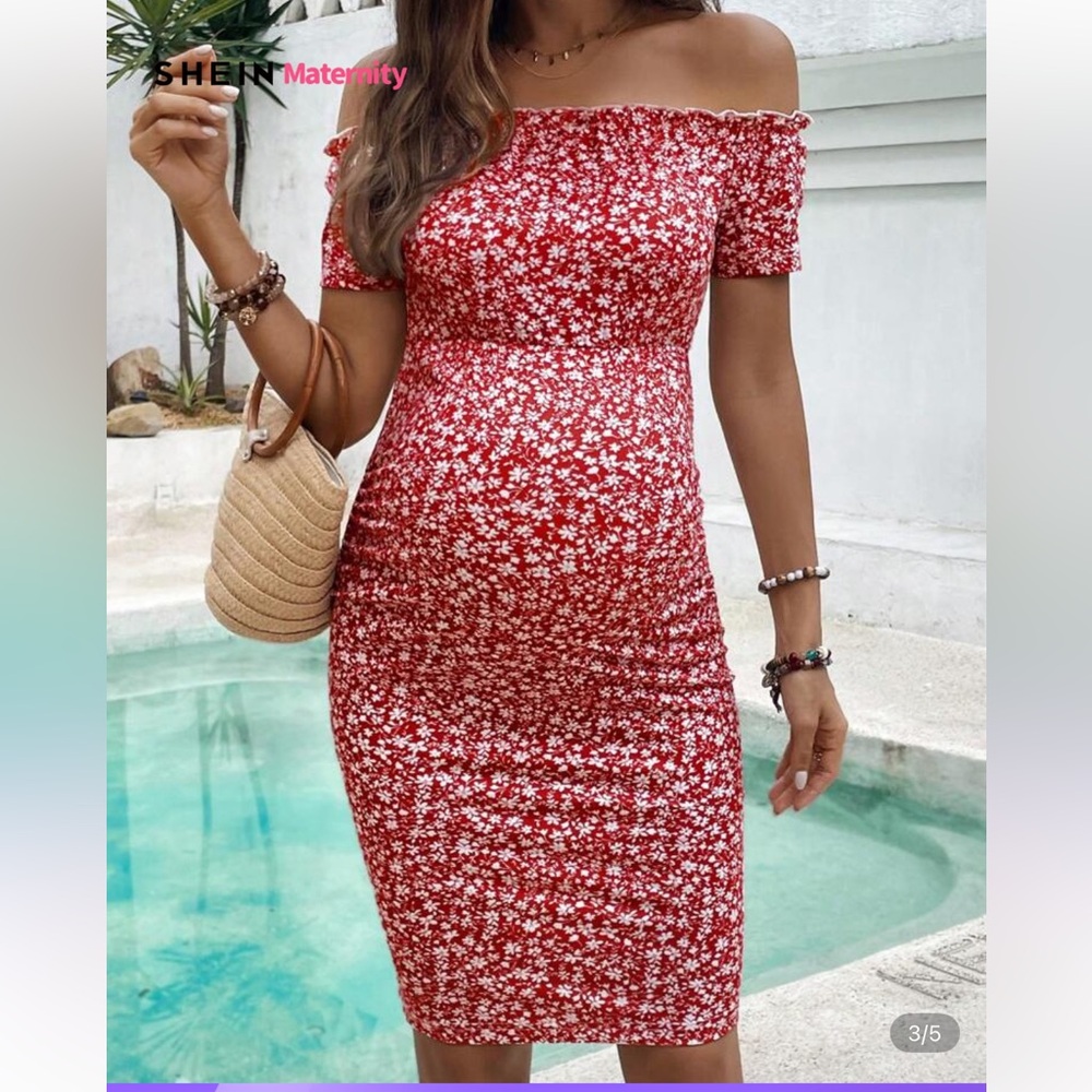 Maternity Red and White Floral Midi Dress